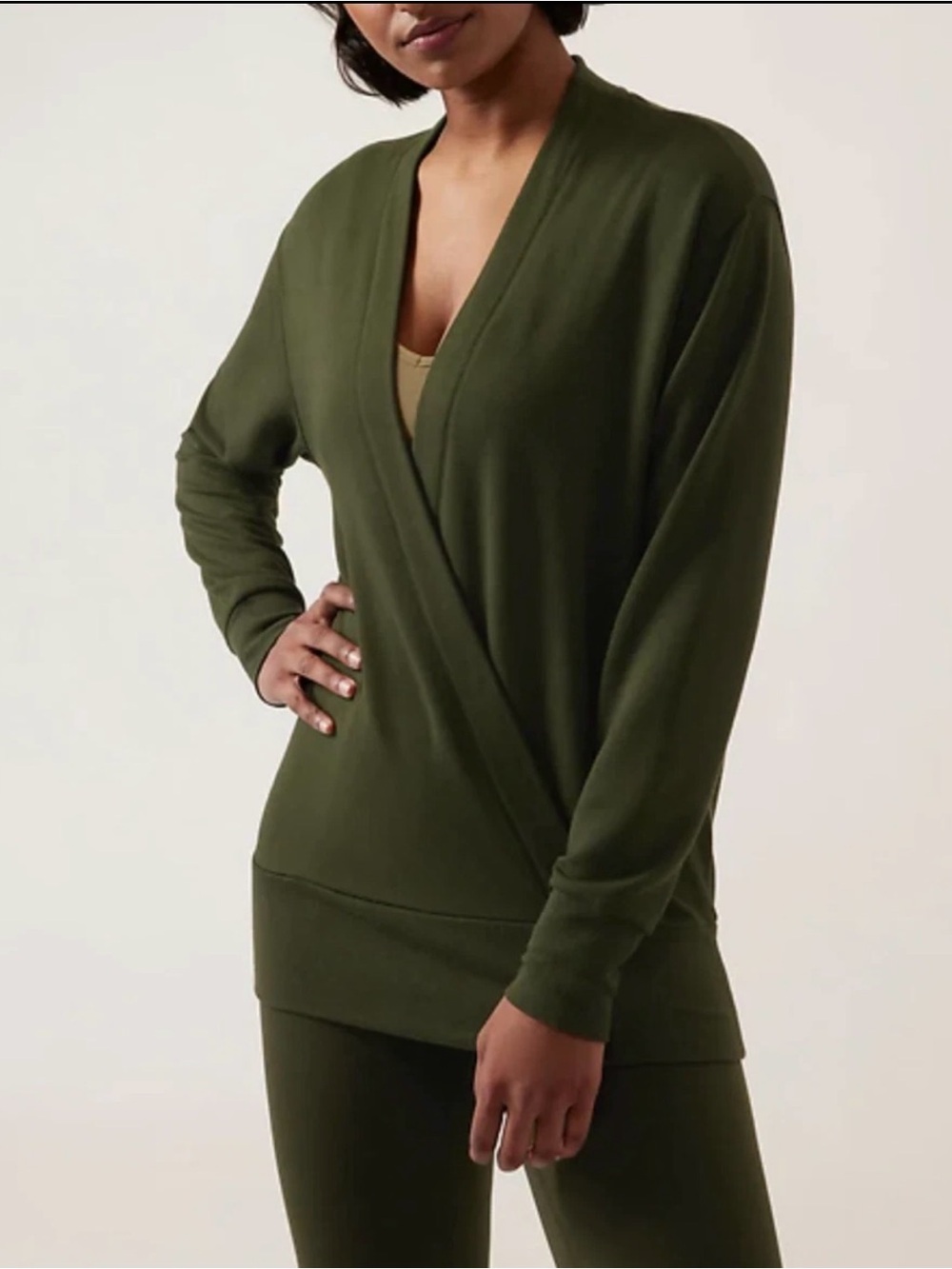 Athleta Olive Green Wrap Front Pullover Sweatshirt Size Large Soft Modal